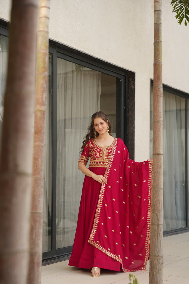 Rani Pink Color Vichitra Silk Embroidered Gown