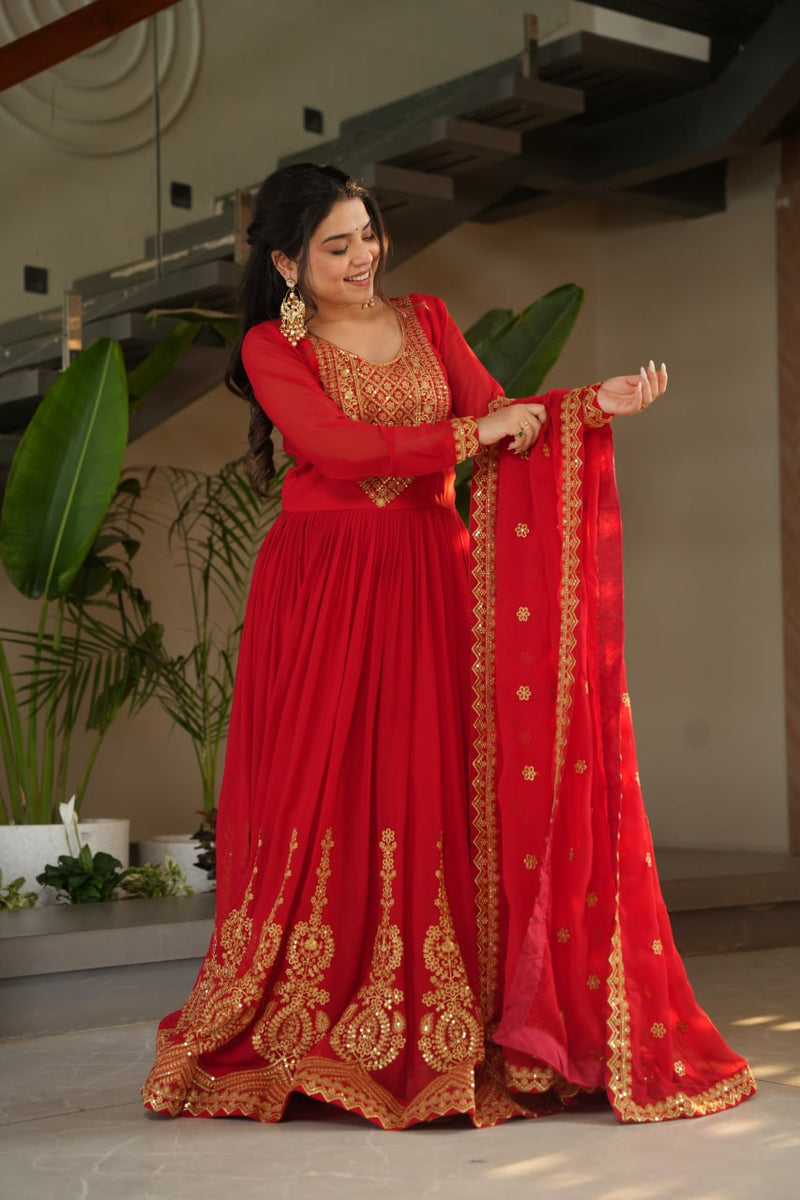 Red Color Faux Blooming Embroidered Gown