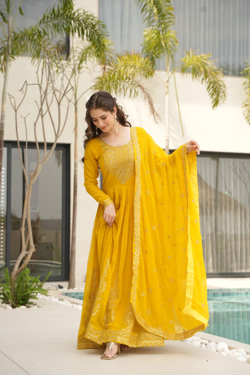 Yellow Color Faux Blooming Embroidered Gown