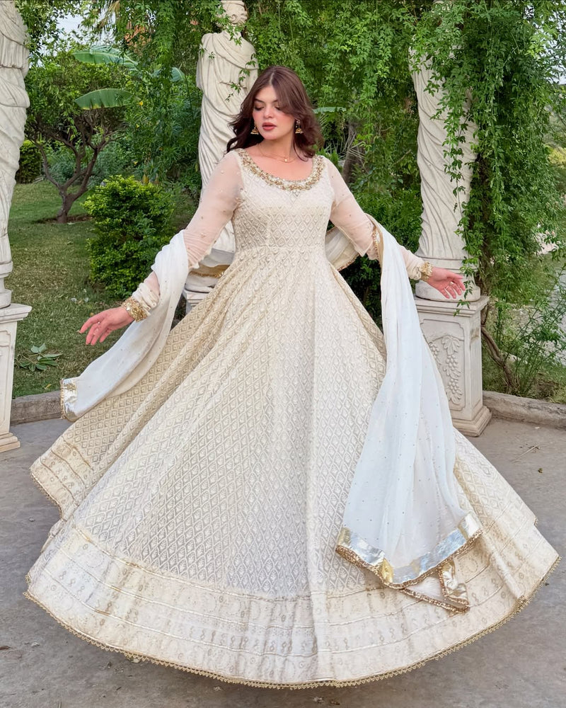 Pretty White Color Sequence Work Anarkali Gown