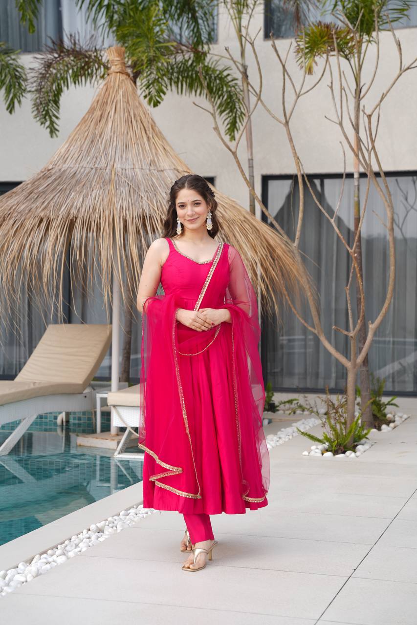 Rani Pink Color Chanderi Pure Roman Silk Anarkali Suit