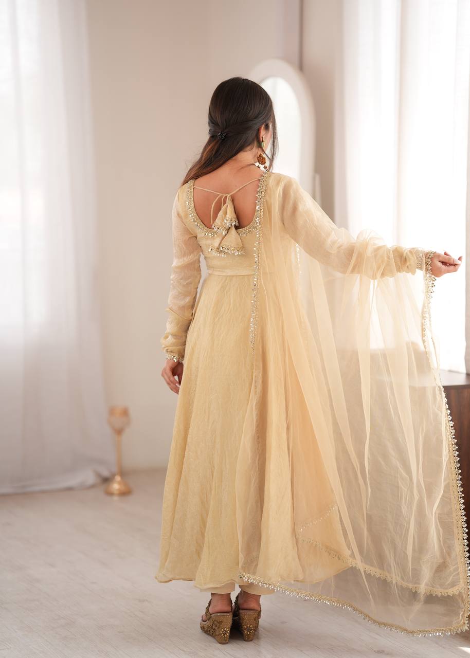Golden Beige Crush Anarkali Gown with Mirror Work Dupatta