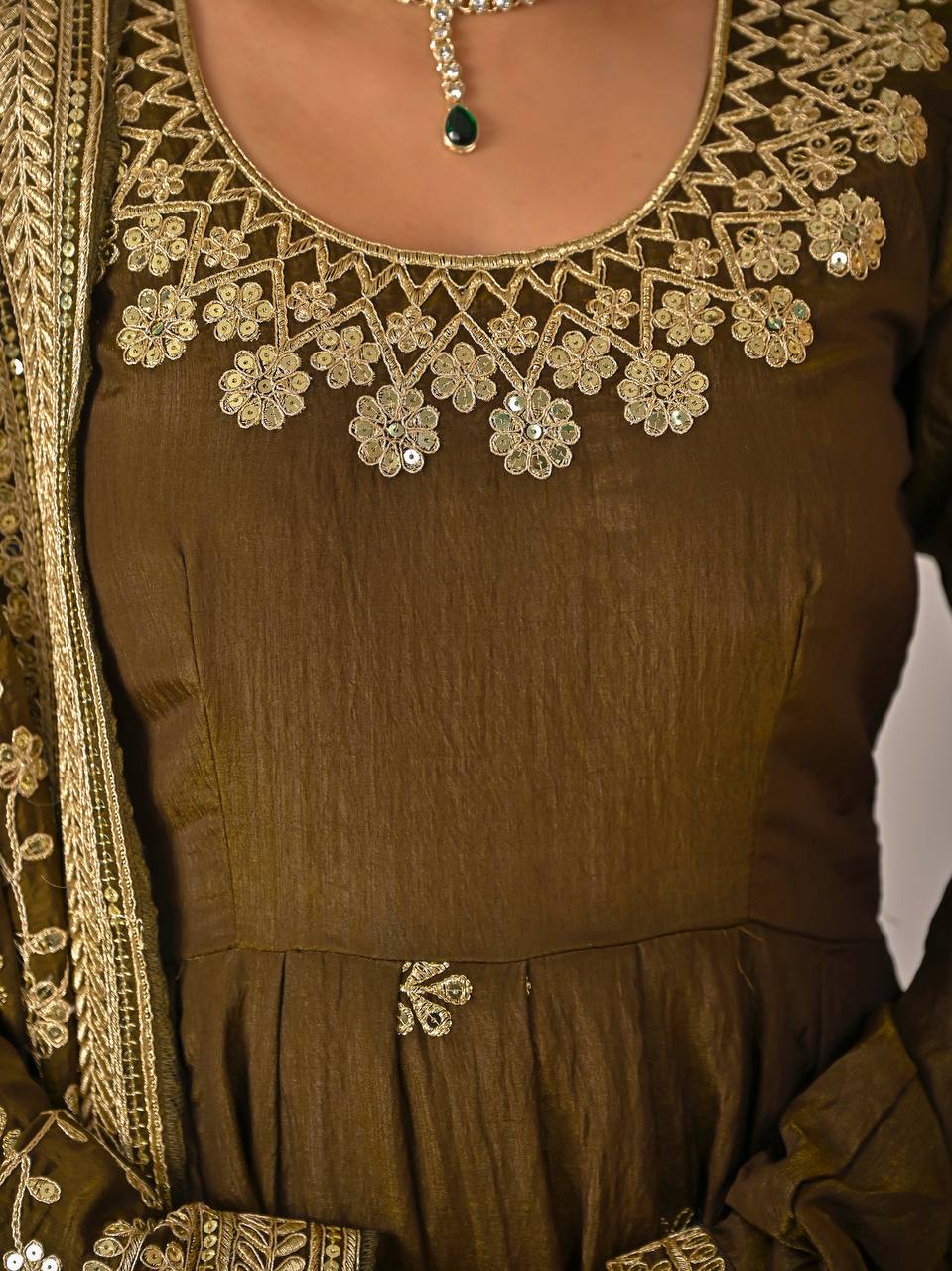 Olive Bronze Heavy Sequin Embroidered Anarkali Suit with Dupatta