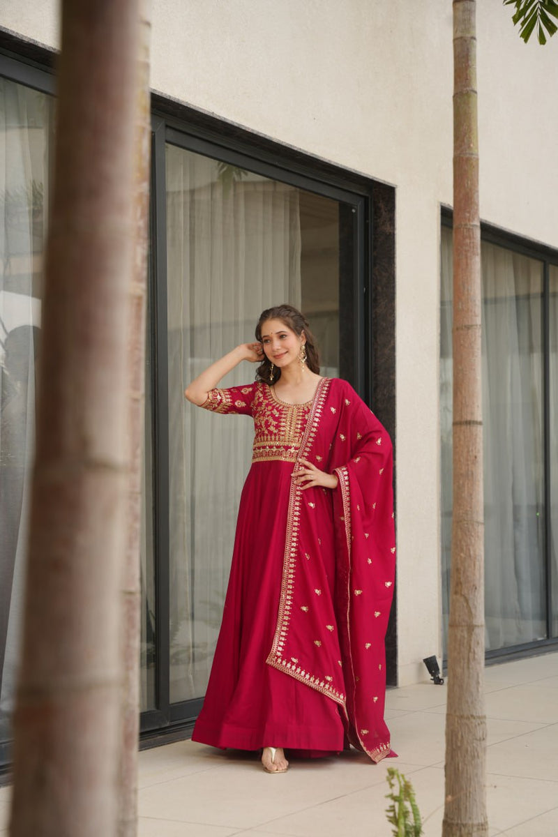 Rani Pink Color Vichitra Silk Embroidered Gown
