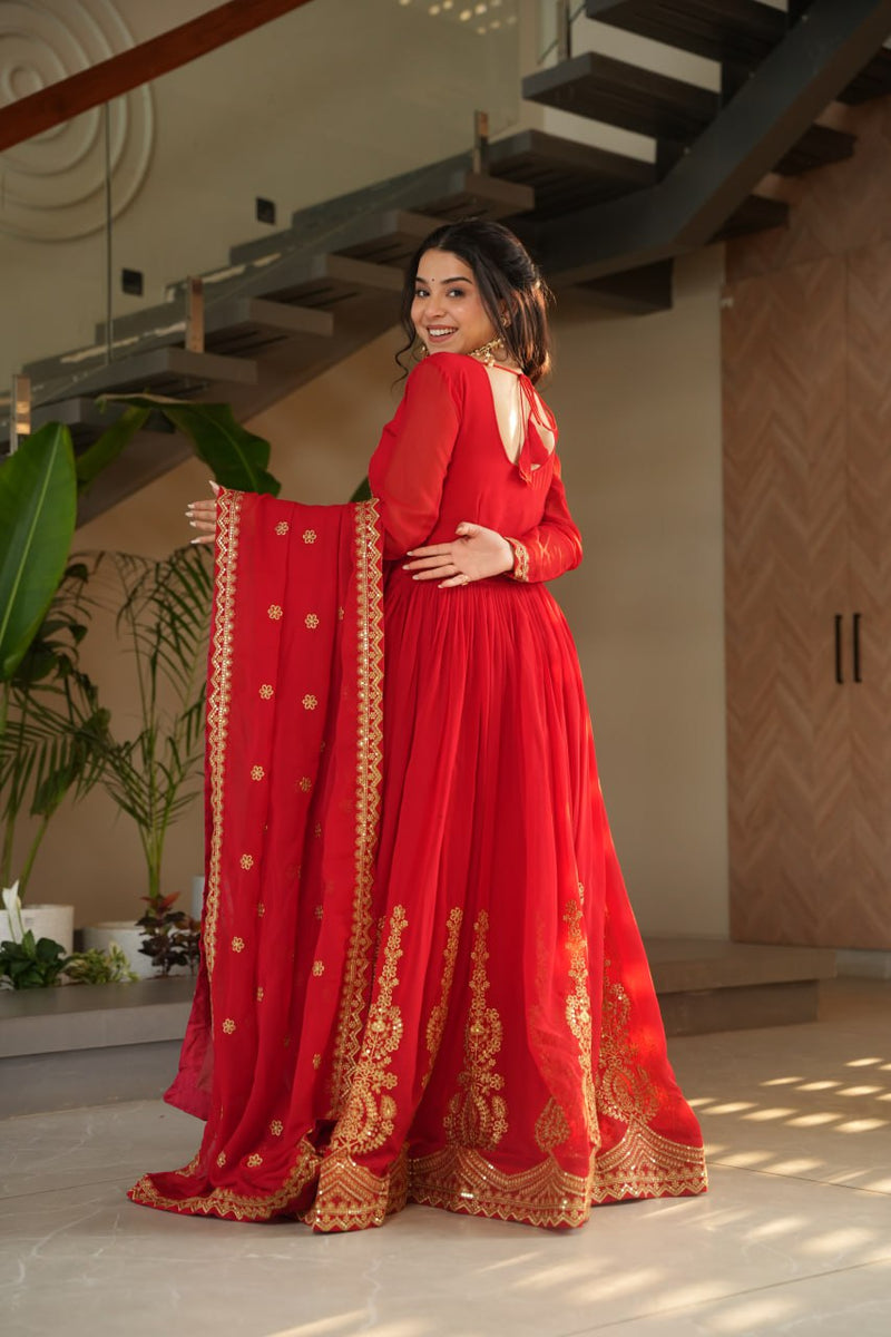 Red Color Faux Blooming Embroidered Gown