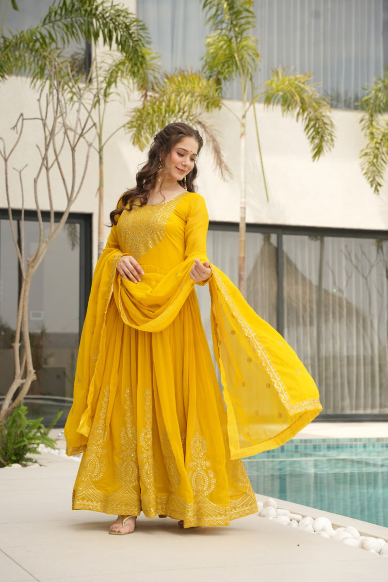 Yellow Color Faux Blooming Embroidered Gown
