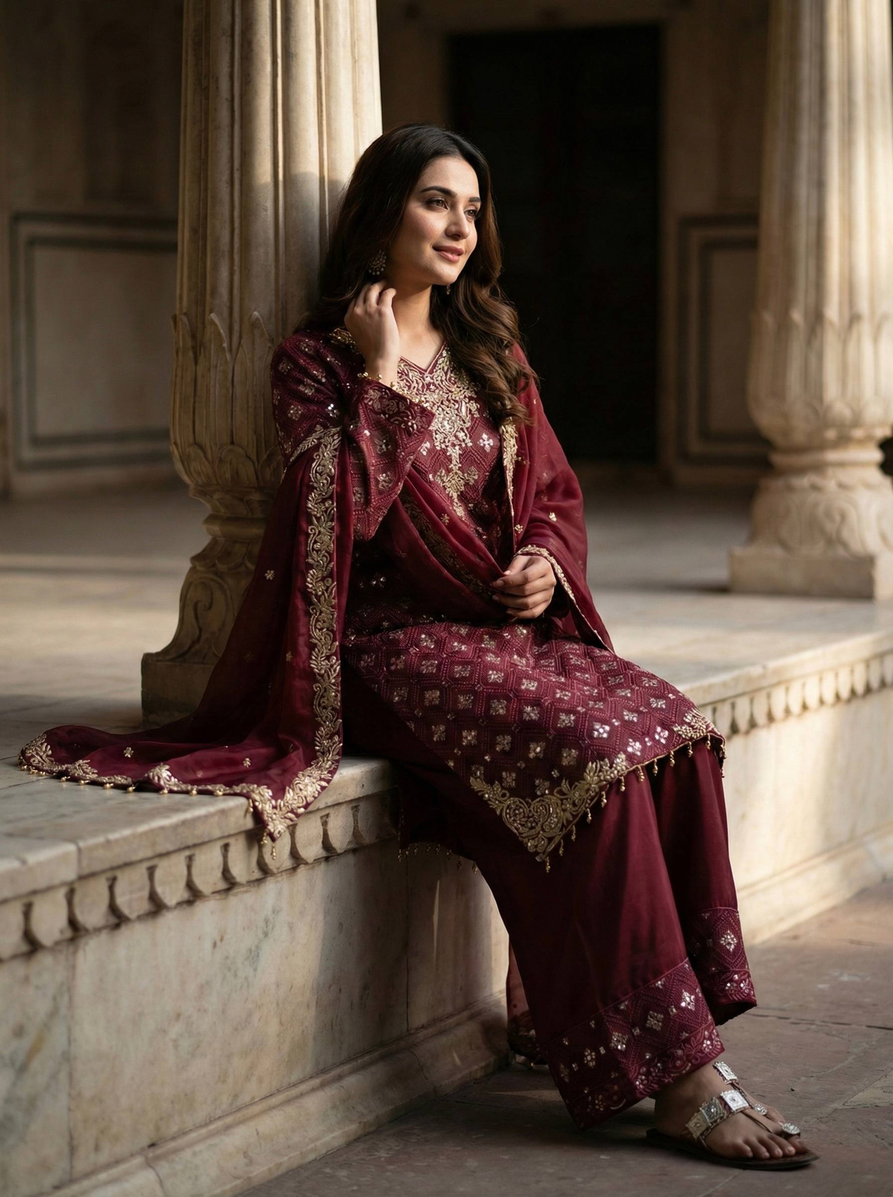 Ramzan Eid Collection Maroon Embroidered Salwar Suit With Dupatta