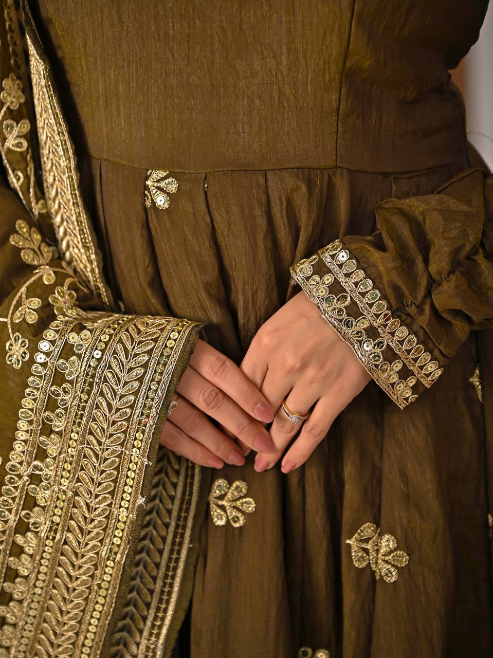 Olive Bronze Heavy Sequin Embroidered Anarkali Suit with Dupatta