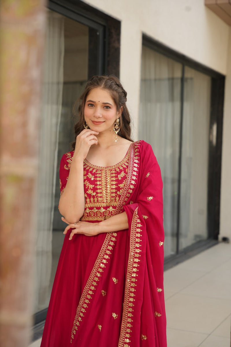 Rani Pink Color Vichitra Silk Embroidered Gown