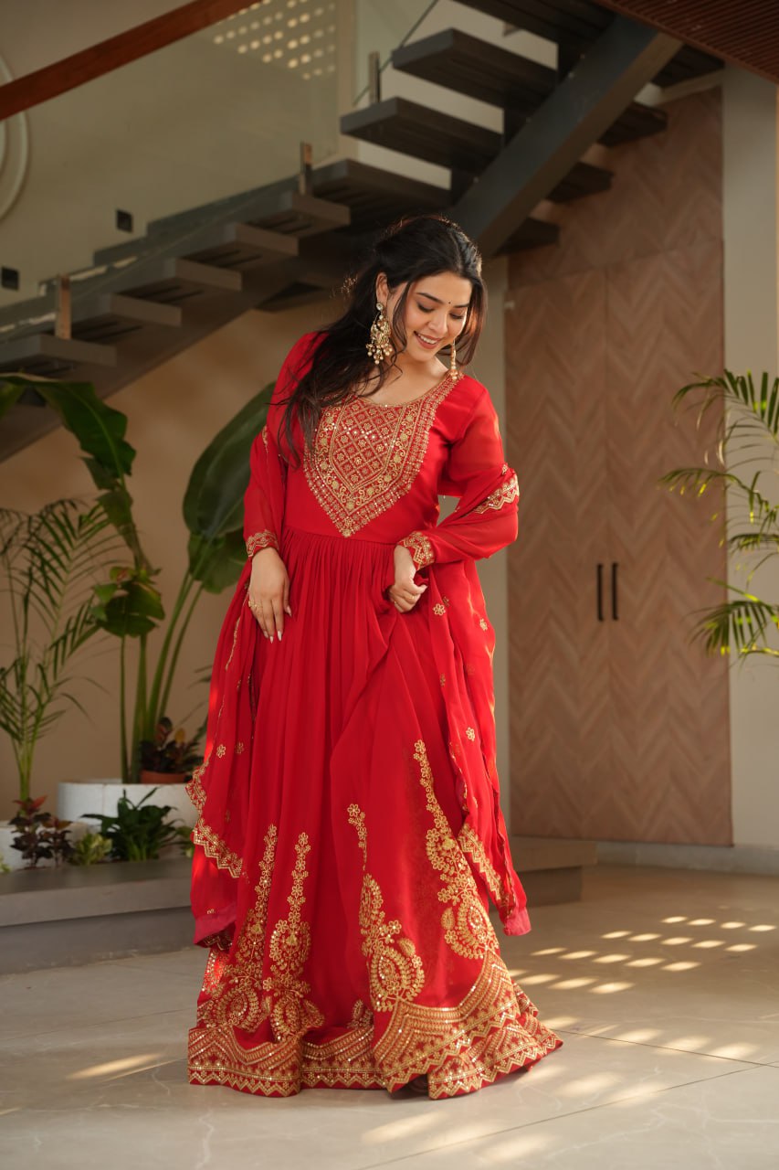Red Color Faux Blooming Embroidered Gown