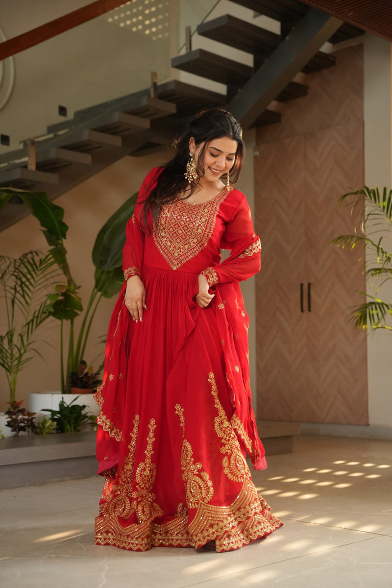 Red Color Faux Blooming Embroidered Gown