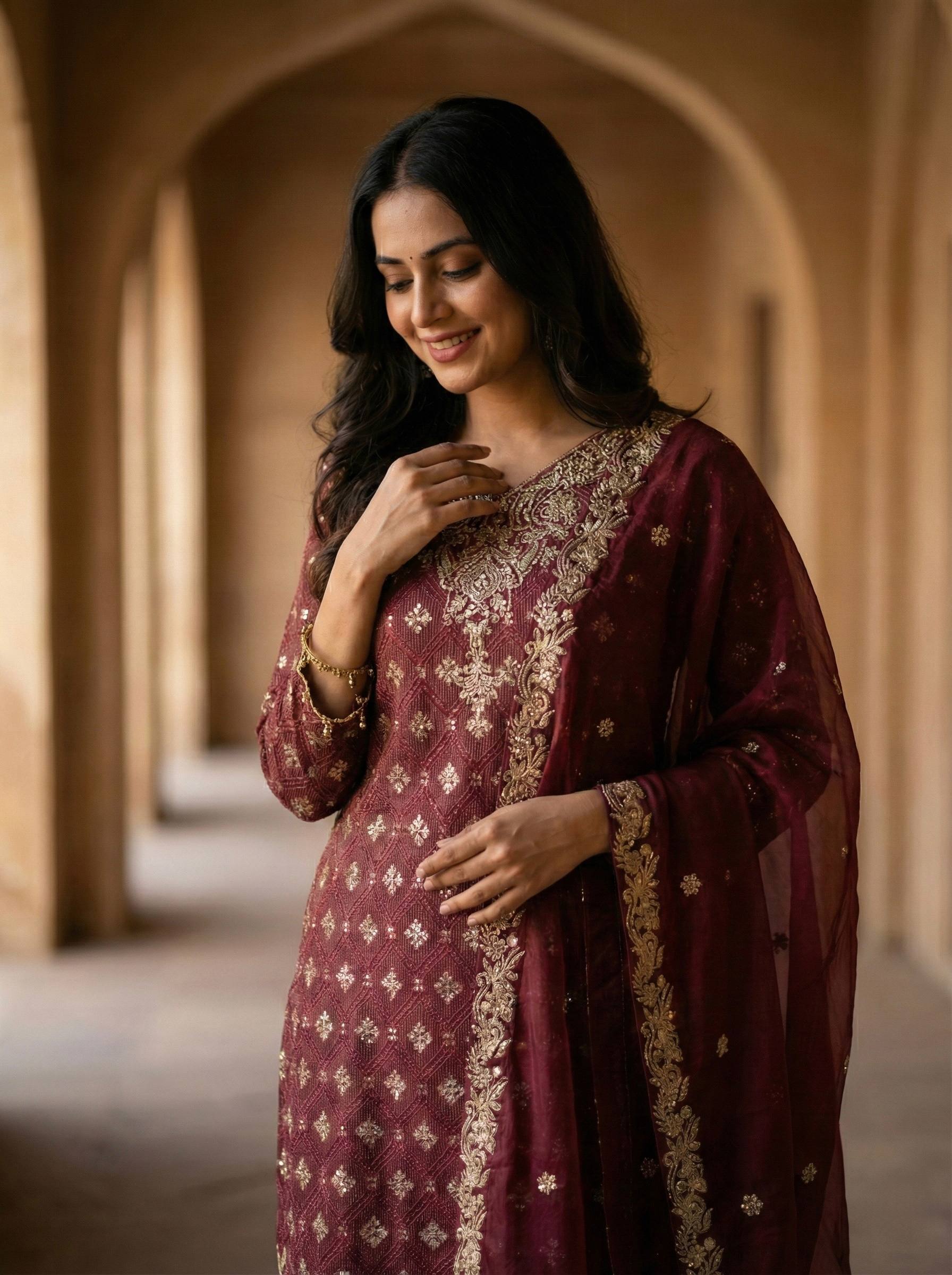 Ramzan Eid Collection Maroon Embroidered Salwar Suit With Dupatta