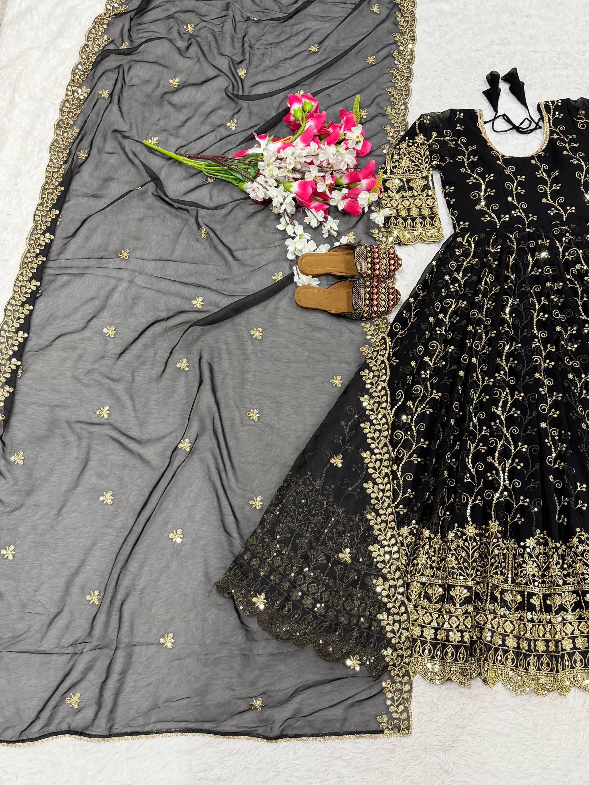 Black Sequin Embroidered Anarkali Suit with Dupatta