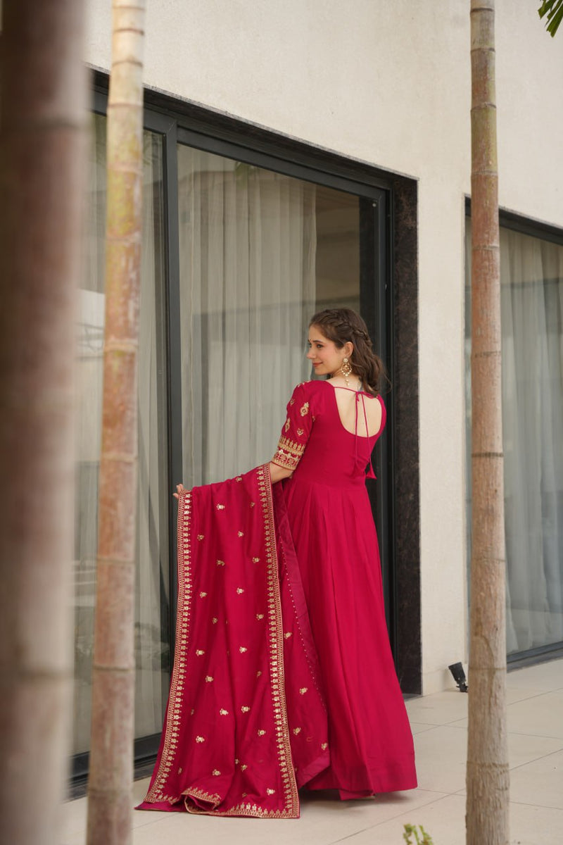 Rani Pink Color Vichitra Silk Embroidered Gown