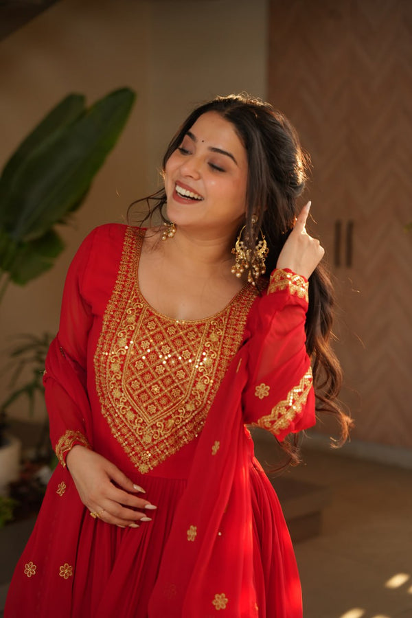 Red Color Faux Blooming Embroidered Gown