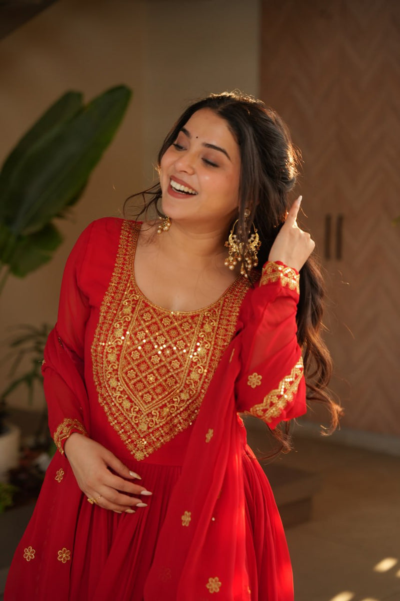 Red Color Faux Blooming Embroidered Gown
