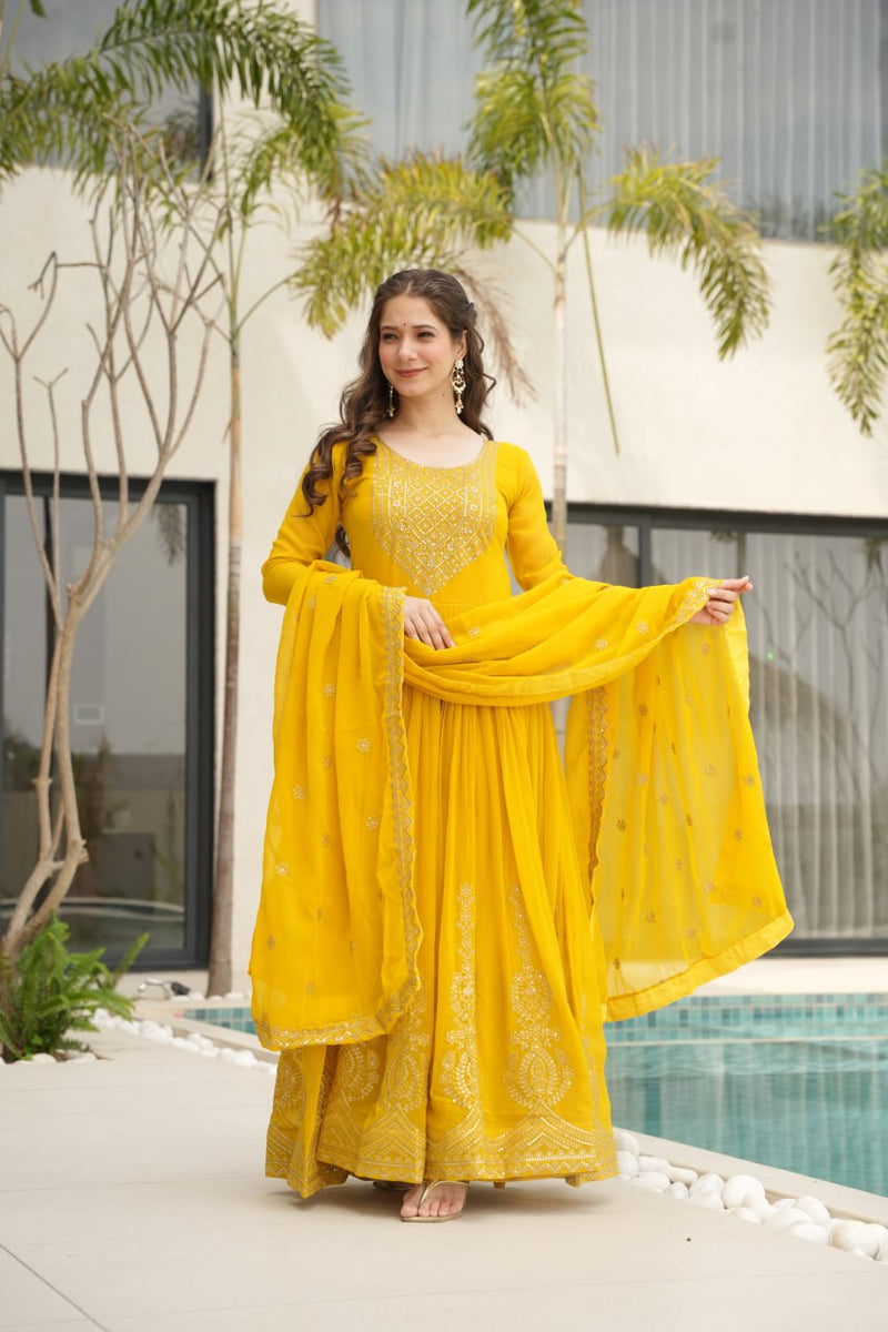 Yellow Color Faux Blooming Embroidered Gown