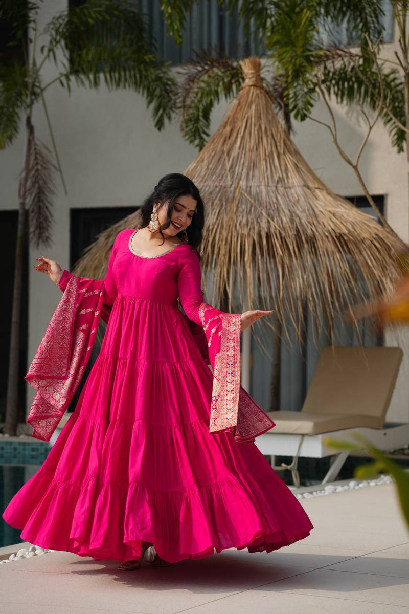 pink colour anarkali dress Pink Anarkali - Embroidered Pant Style