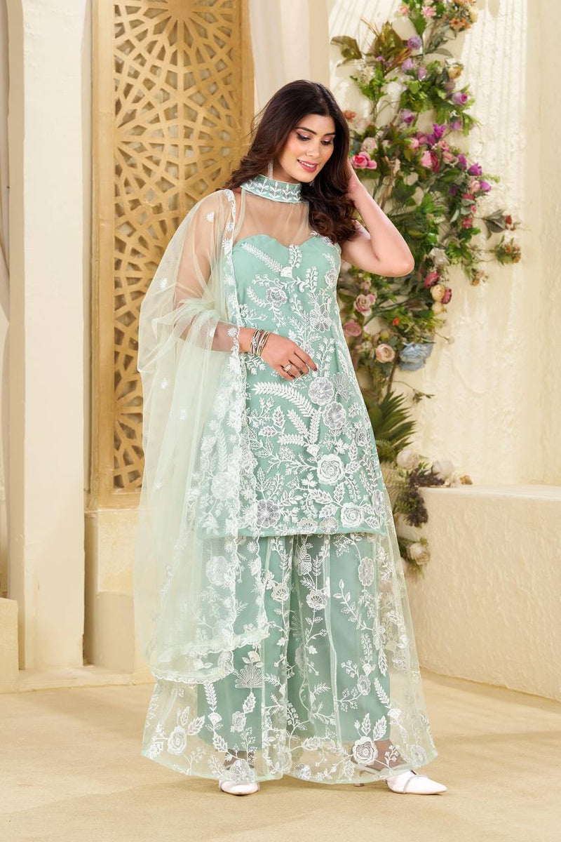 Mint Green Party Wear Halter Neck Kurta And Plazzo Set Dupatta In Butterfly Net With Sequence Embroidery Work