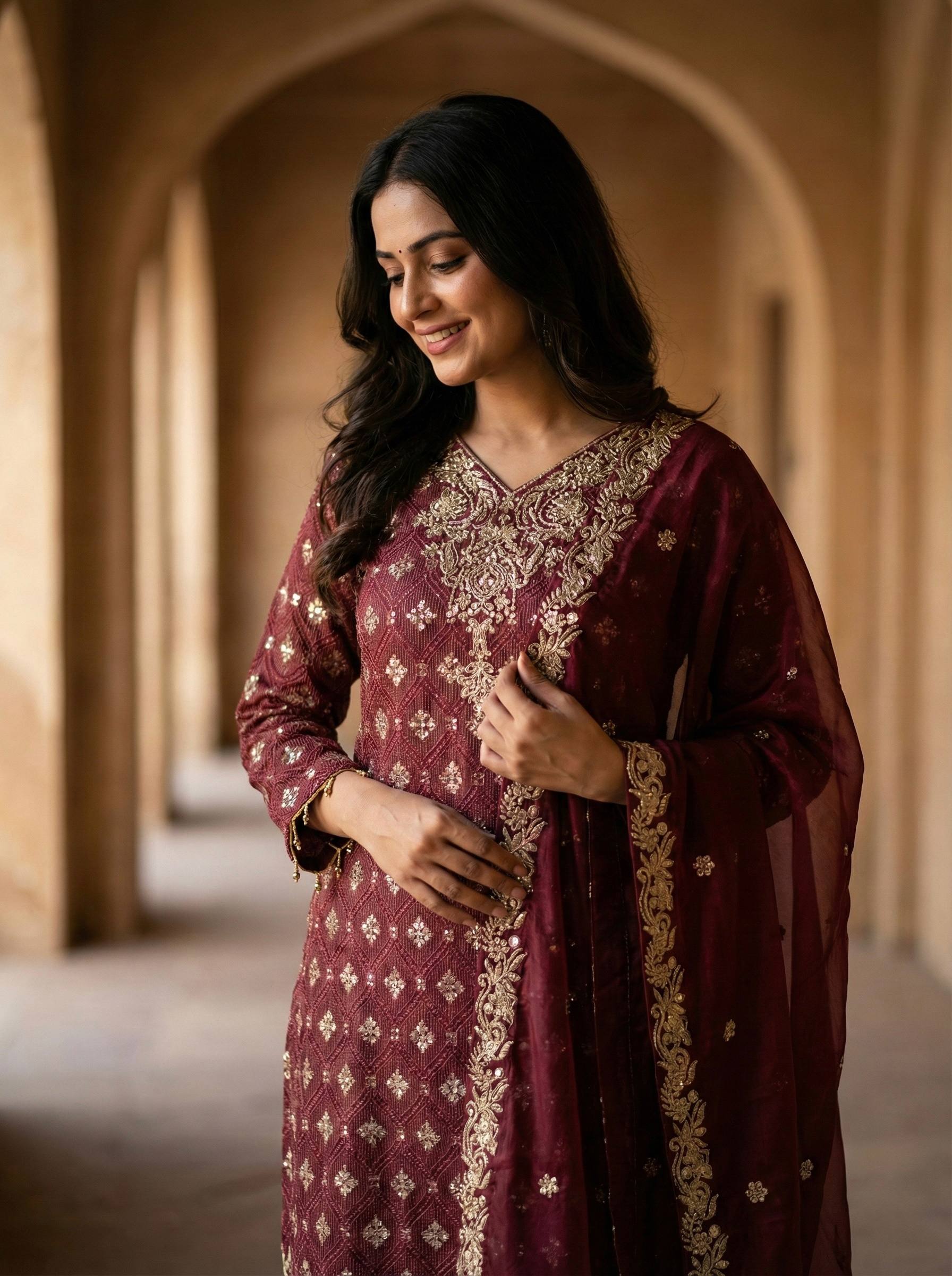 Ramzan Eid Collection Maroon Embroidered Salwar Suit With Dupatta