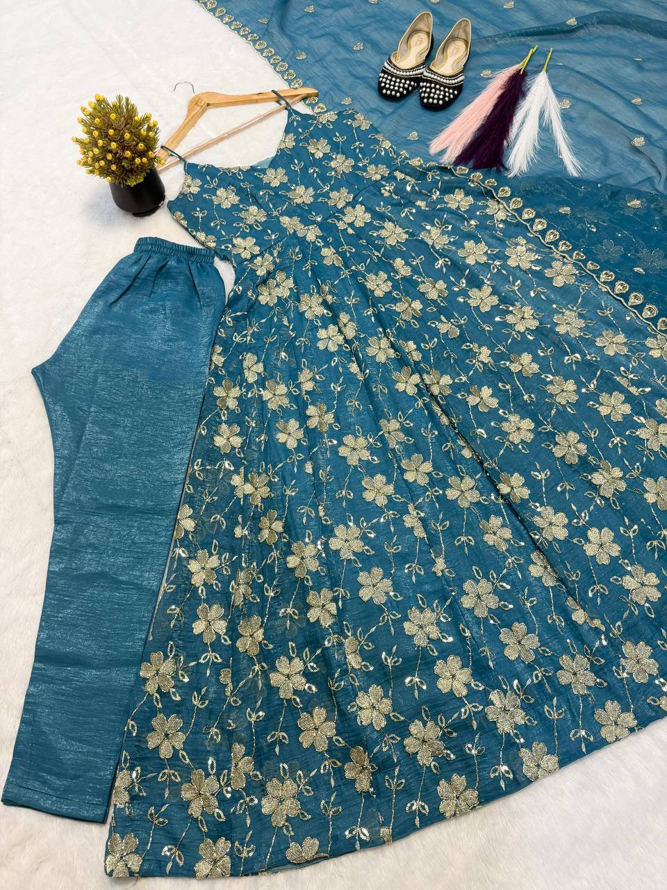 Teal Blue Floral Sequin Embroidered Sleeveless Anarkali Suit with Dupatta