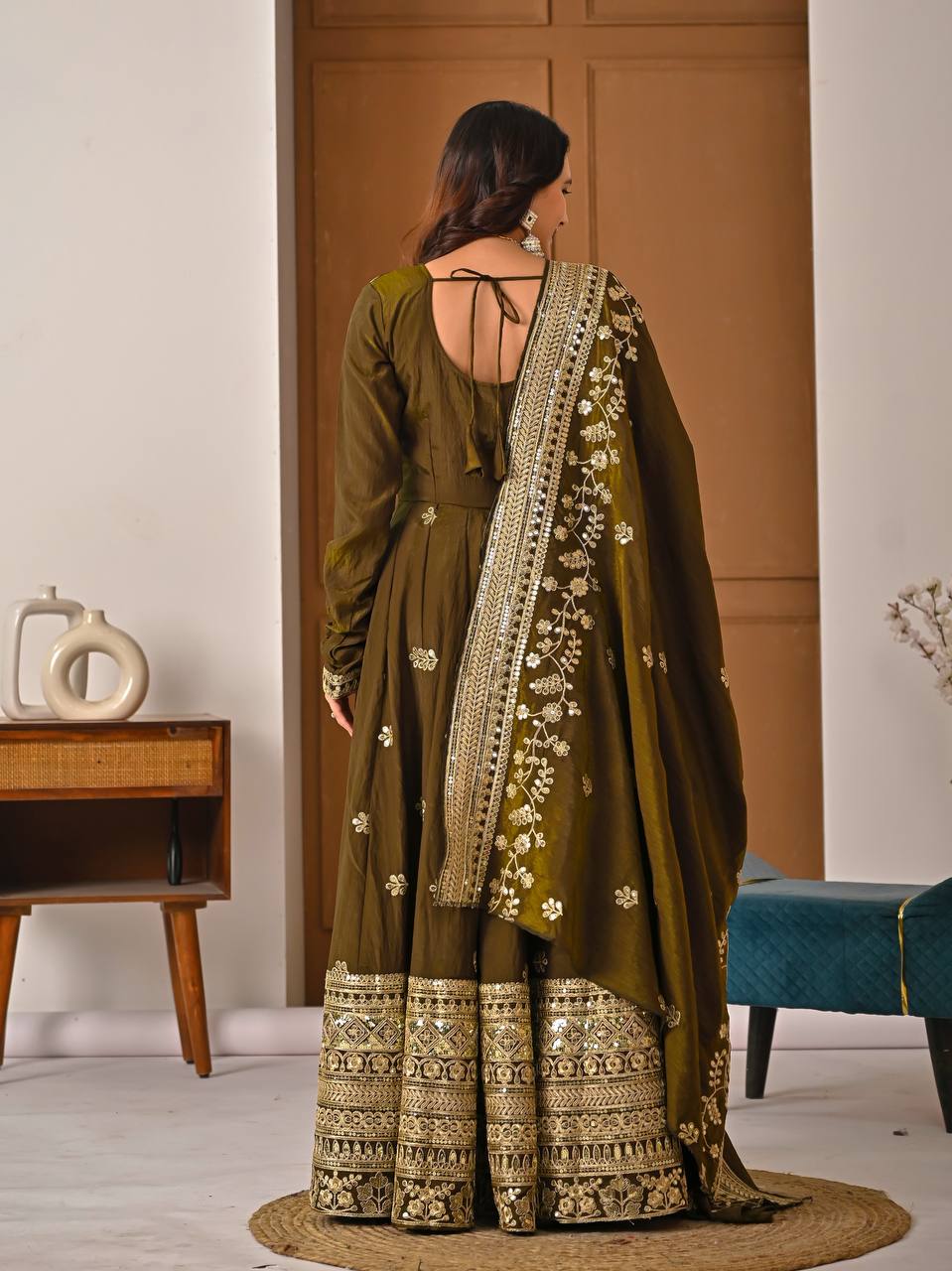 Olive Bronze Heavy Sequin Embroidered Anarkali Suit with Dupatta