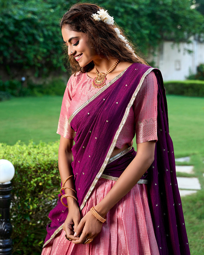 Pink Color Kanchipuram Designer Half Saree Lehenga Set