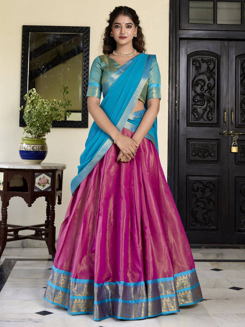 Pink Color Kanchipuram Designer South Indian Style Half Saree Lehenga Set