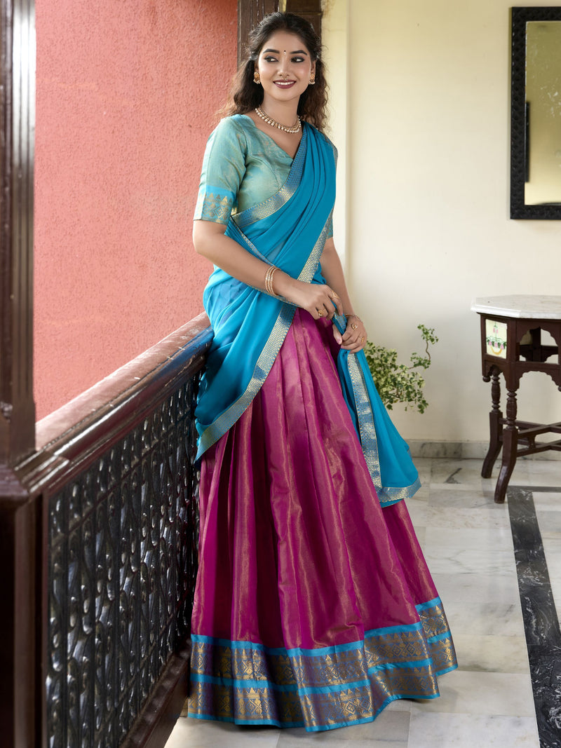 Pink Color Kanchipuram Designer South Indian Style Half Saree Lehenga Set