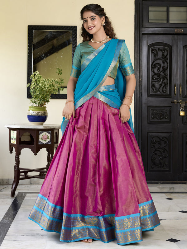 Pink Color Kanchipuram Designer South Indian Style Half Saree Lehenga Set