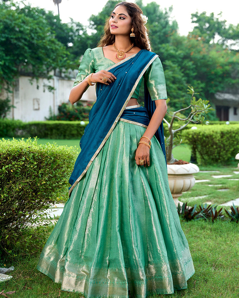 Pista Color Kanchipuram Designer South Indian Half Saree Lehenga Choli