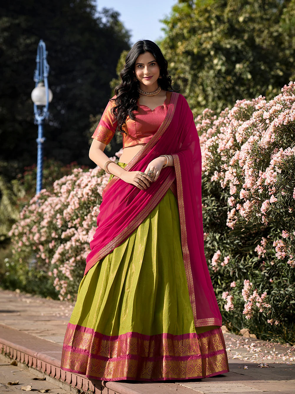 Green lehenga with pink shops choli