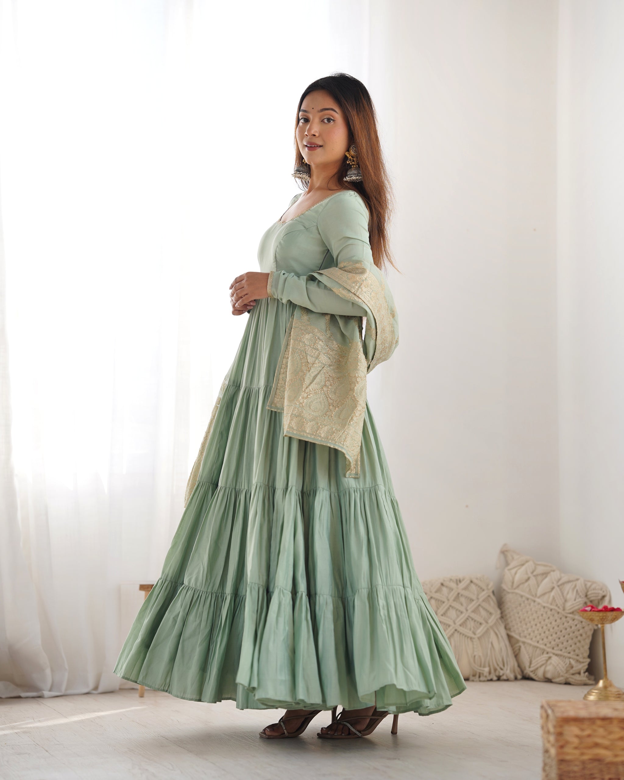 Pista Color Pure Roman Silk Ruffle Style Anarkali Suit