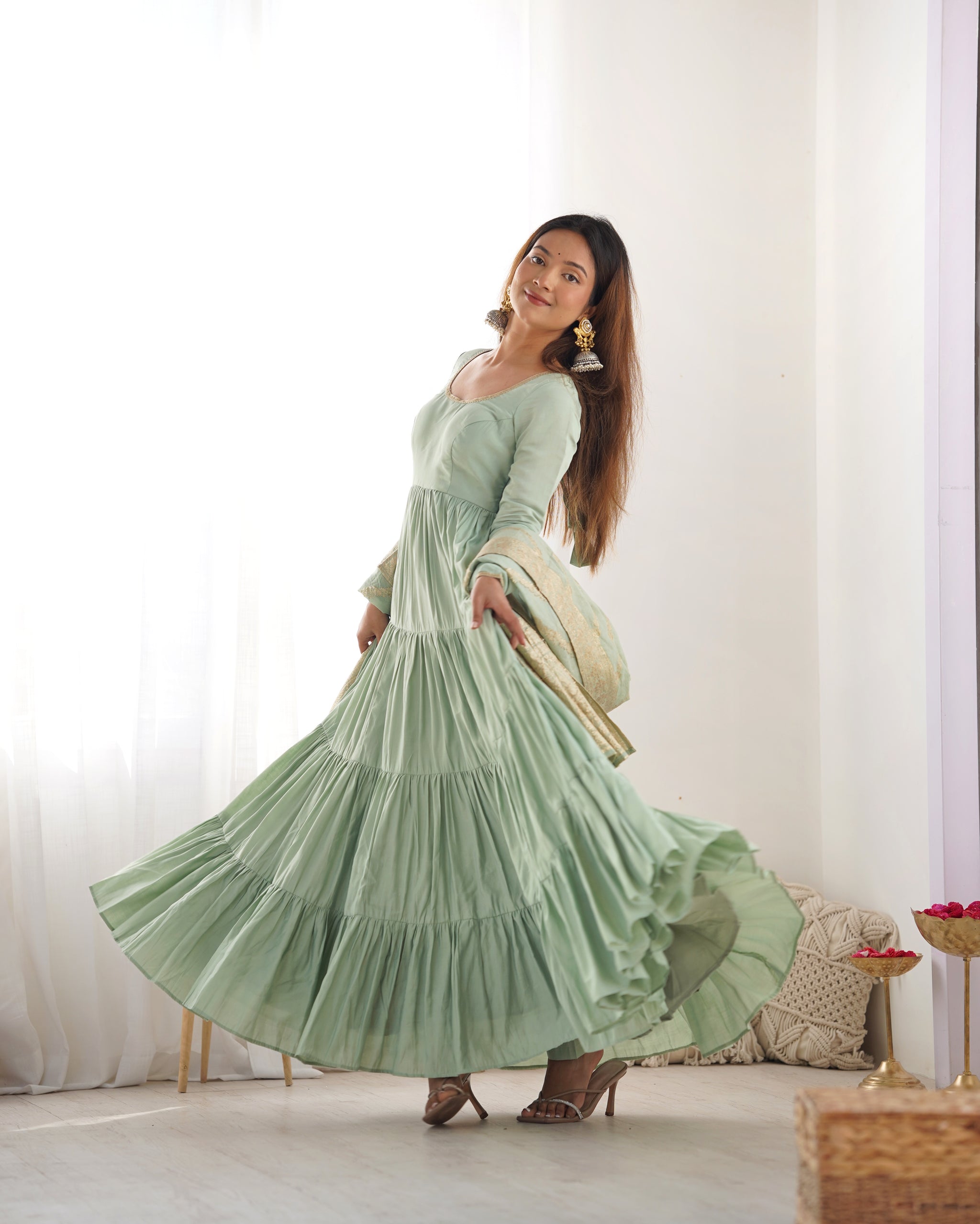 Pista Color Pure Roman Silk Ruffle Style Anarkali Suit