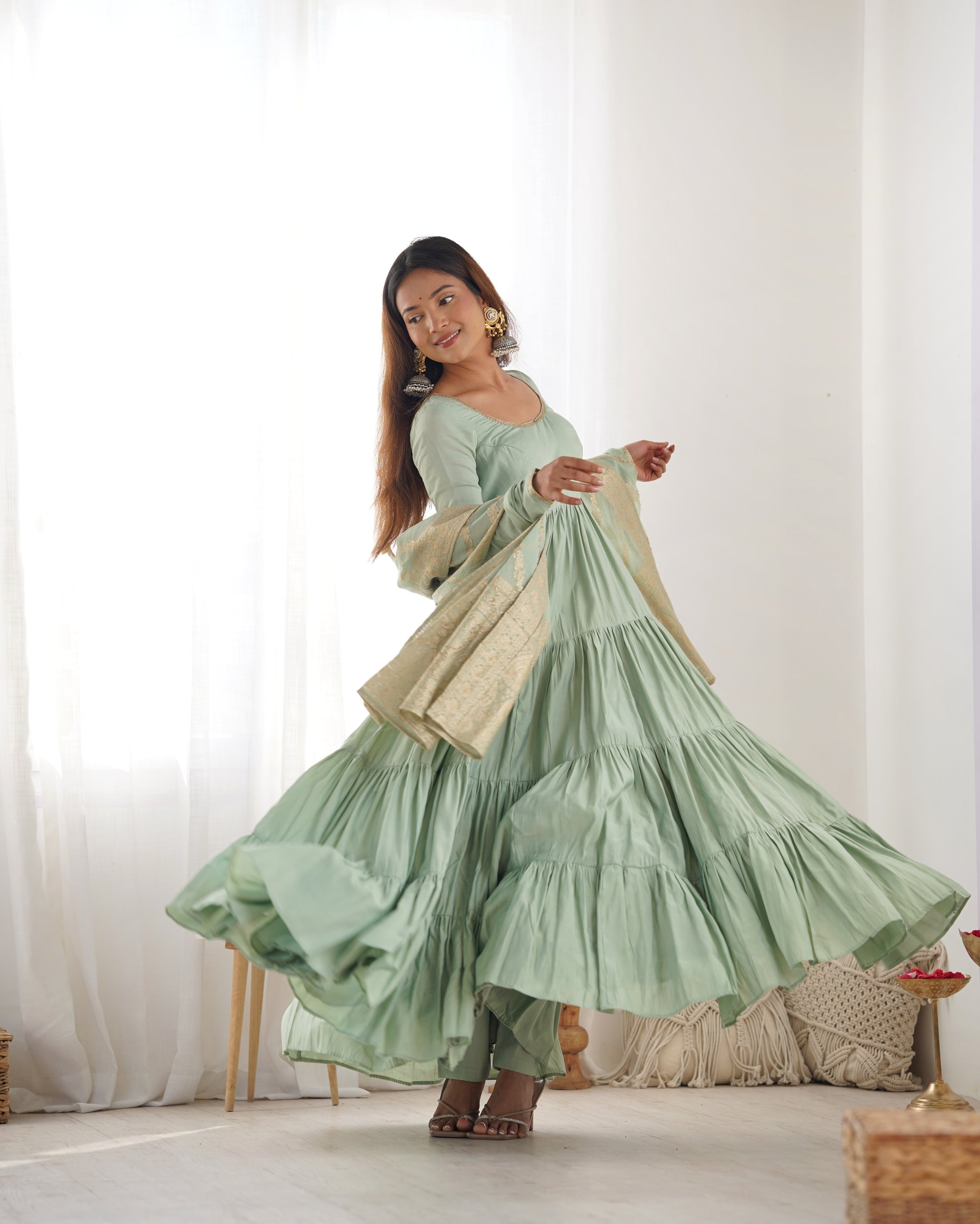 Pista Color Pure Roman Silk Ruffle Style Anarkali Suit