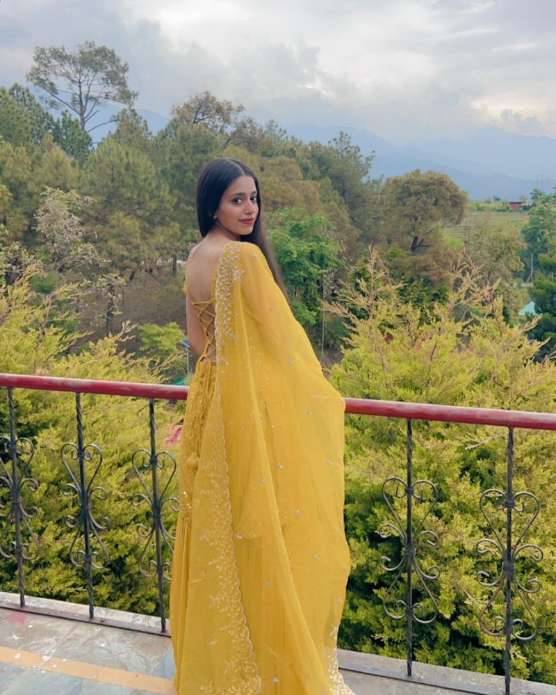 Haldi Outfit Yellow Sharara Suit Set with Dupatta For Haldi Ceremony