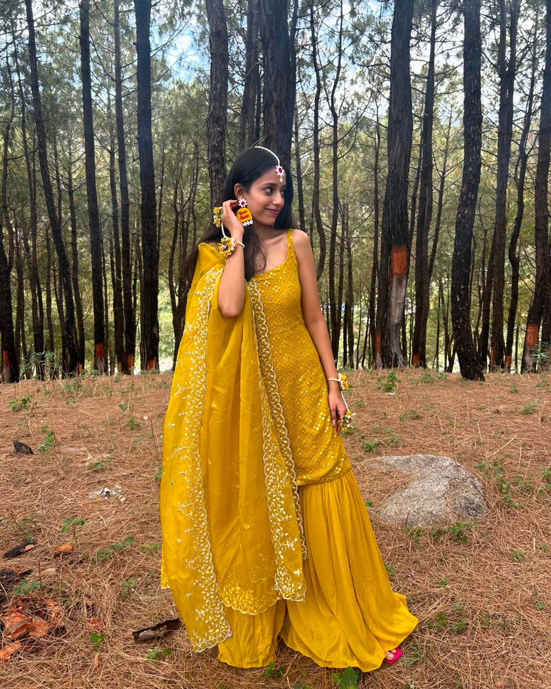 Haldi Outfit Yellow Sharara Suit Set with Dupatta For Haldi Ceremony