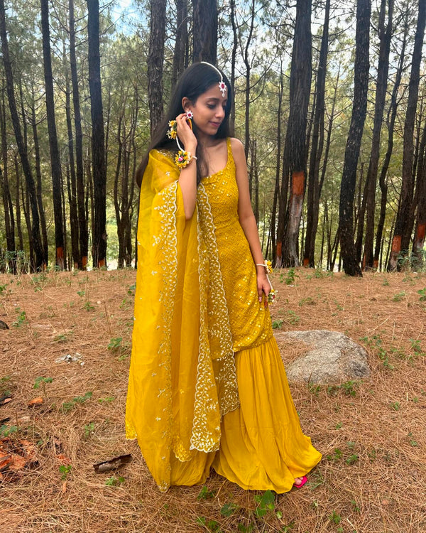 Haldi Outfit Yellow Sharara Suit Set with Dupatta For Haldi Ceremony