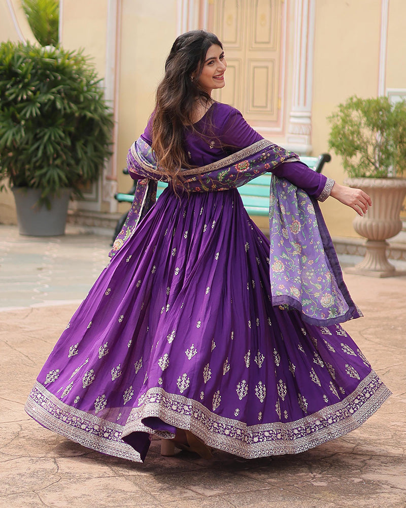 Purple Color Chinnon Sequence Embroidered Gown