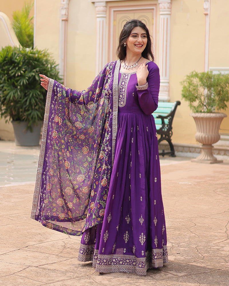 Purple Color Chinnon Sequence Embroidered Gown