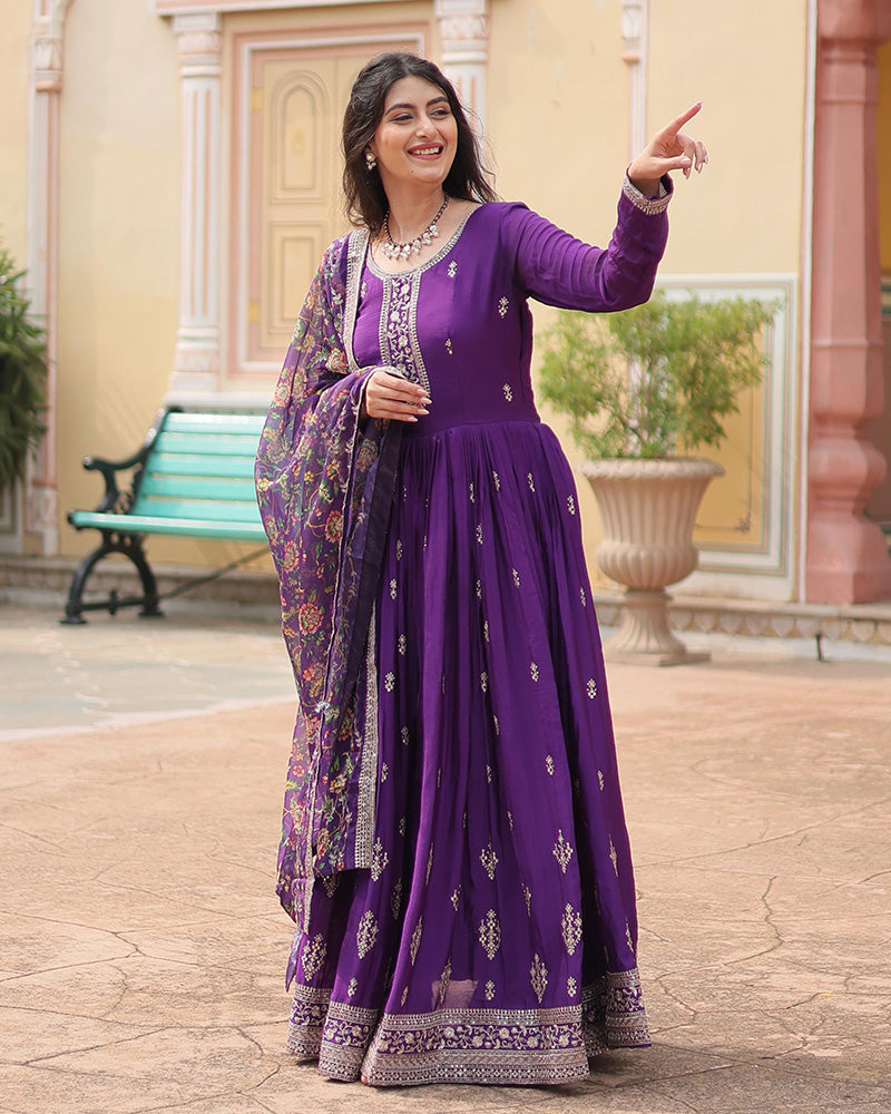 Purple Color Chinnon Sequence Embroidered Gown