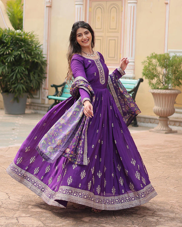 Purple Color Chinnon Sequence Embroidered Gown