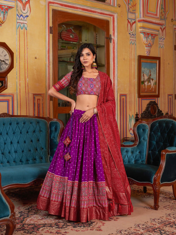 Purple Color Dola Silk Ajarakh Print Lehenga Choli