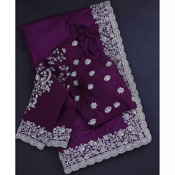 Purple rangoli georgette silk fancy thread work ceremonial saree