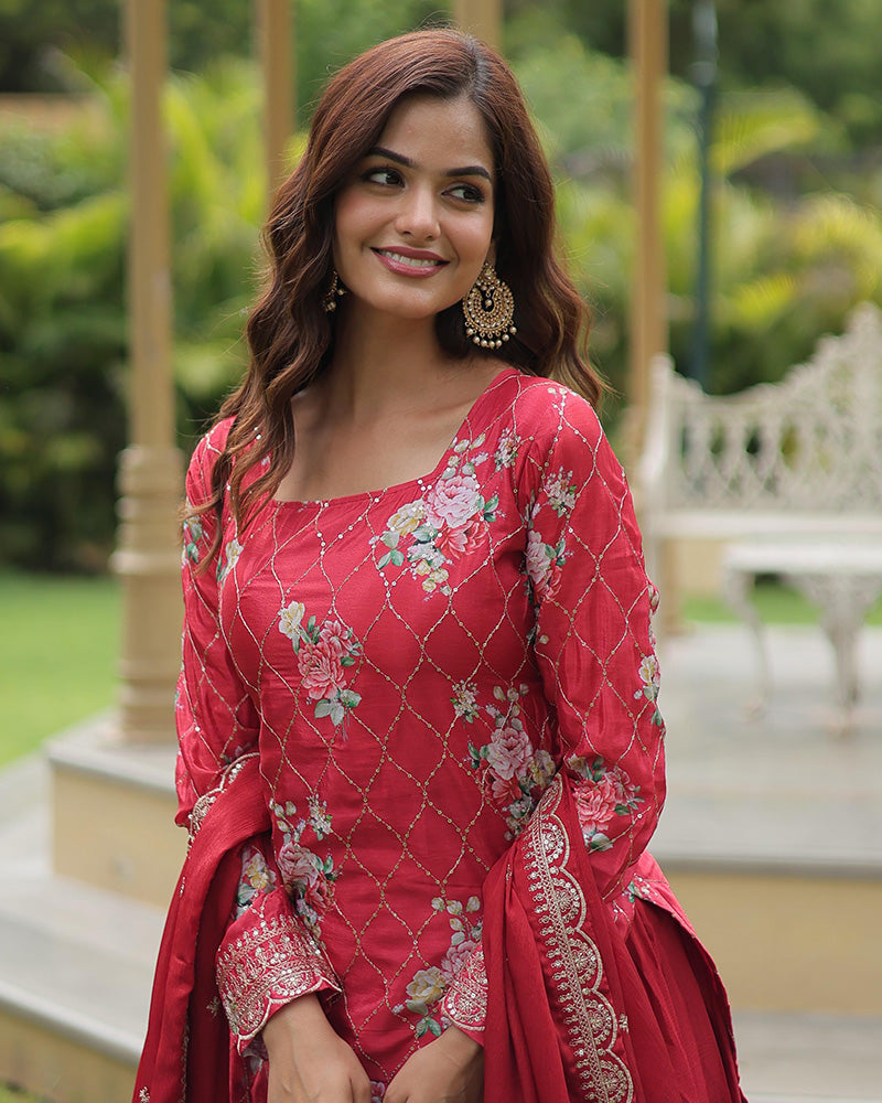 Rani Pink Color Chinnon Printed Plazzo Suit