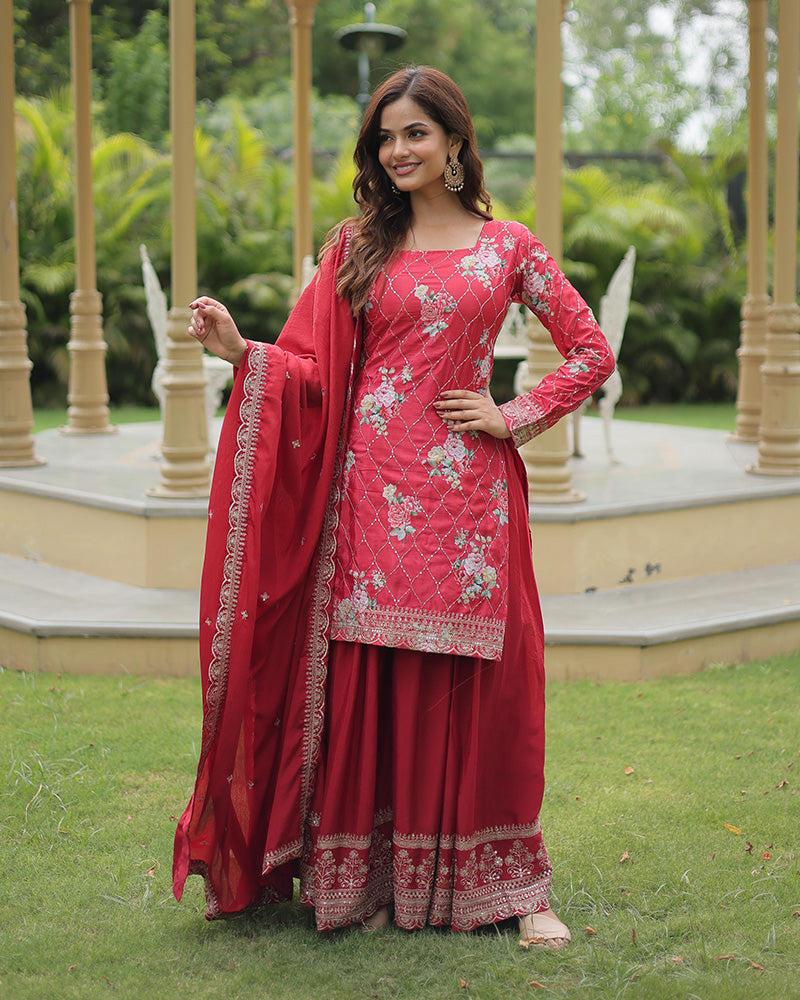 Rani Pink Color Chinnon Printed Plazzo Suit