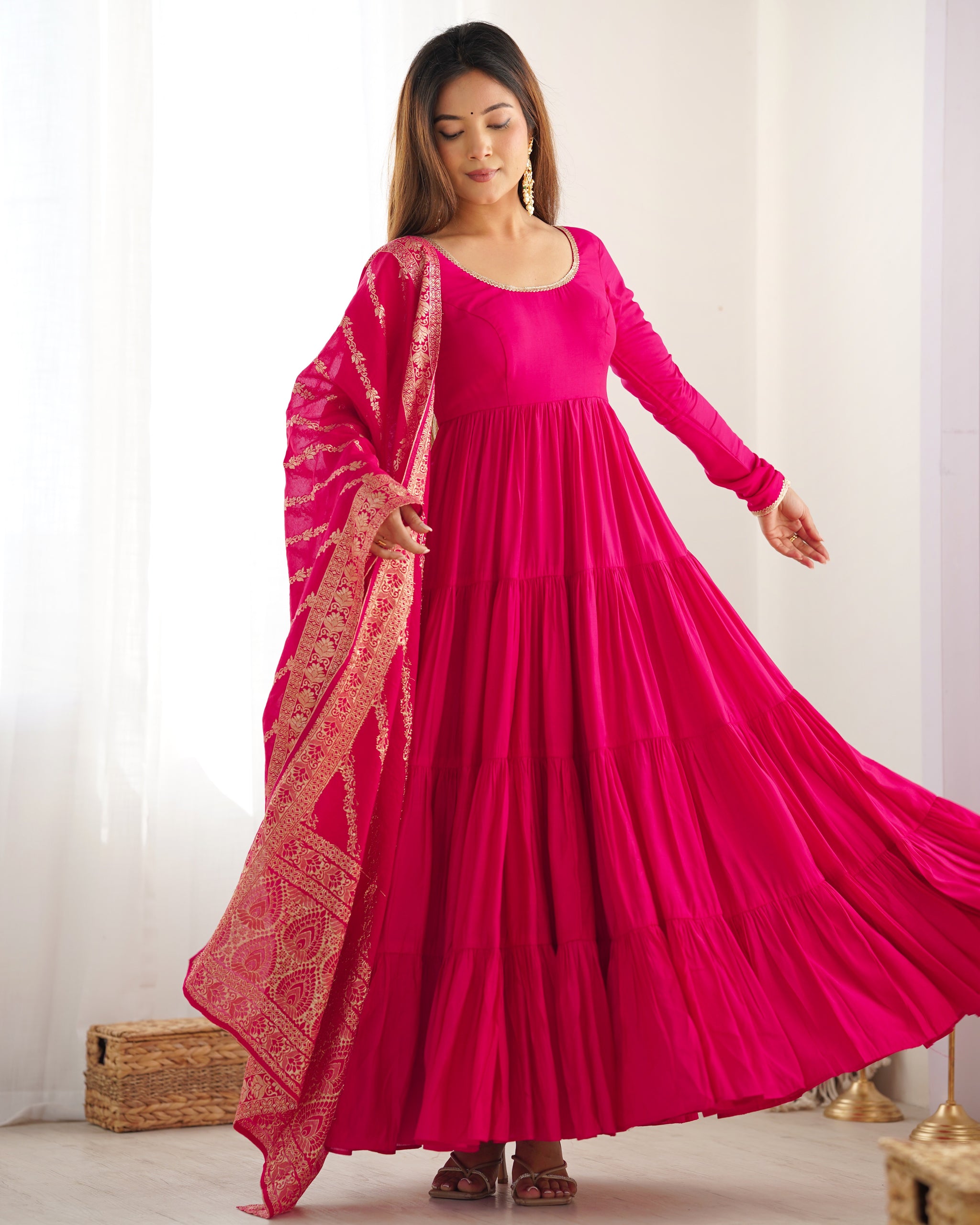 Rani Pink Color Pure Roman Silk Ruffle Style Anarkali Suit