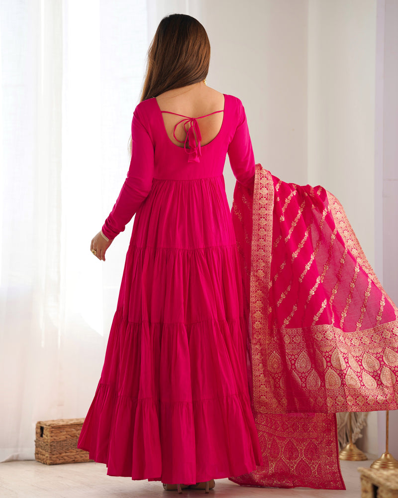 Rani Pink Color Pure Roman Silk Ruffle Style Anarkali Suit