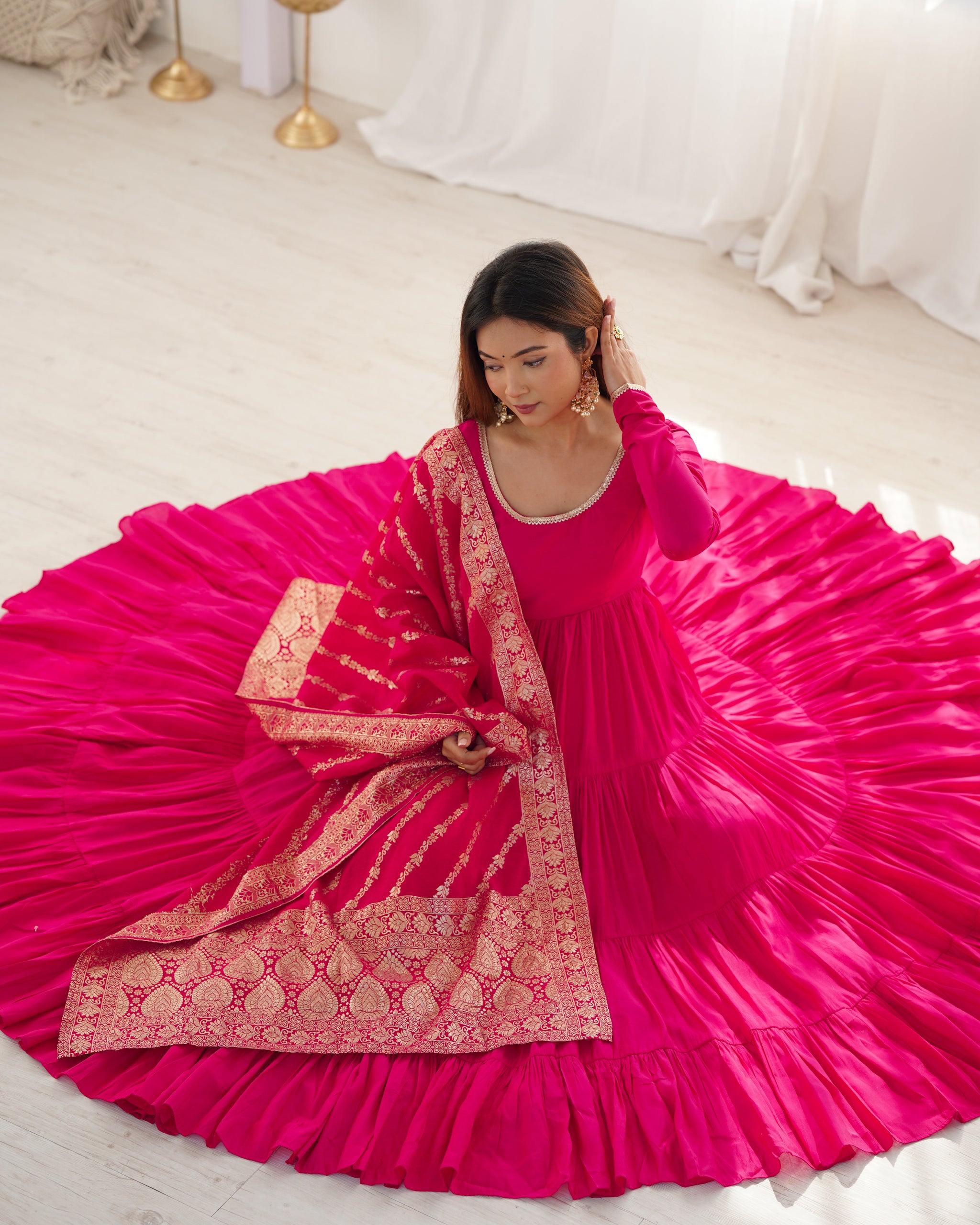 Rani Pink Color Pure Roman Silk Ruffle Style Anarkali Suit