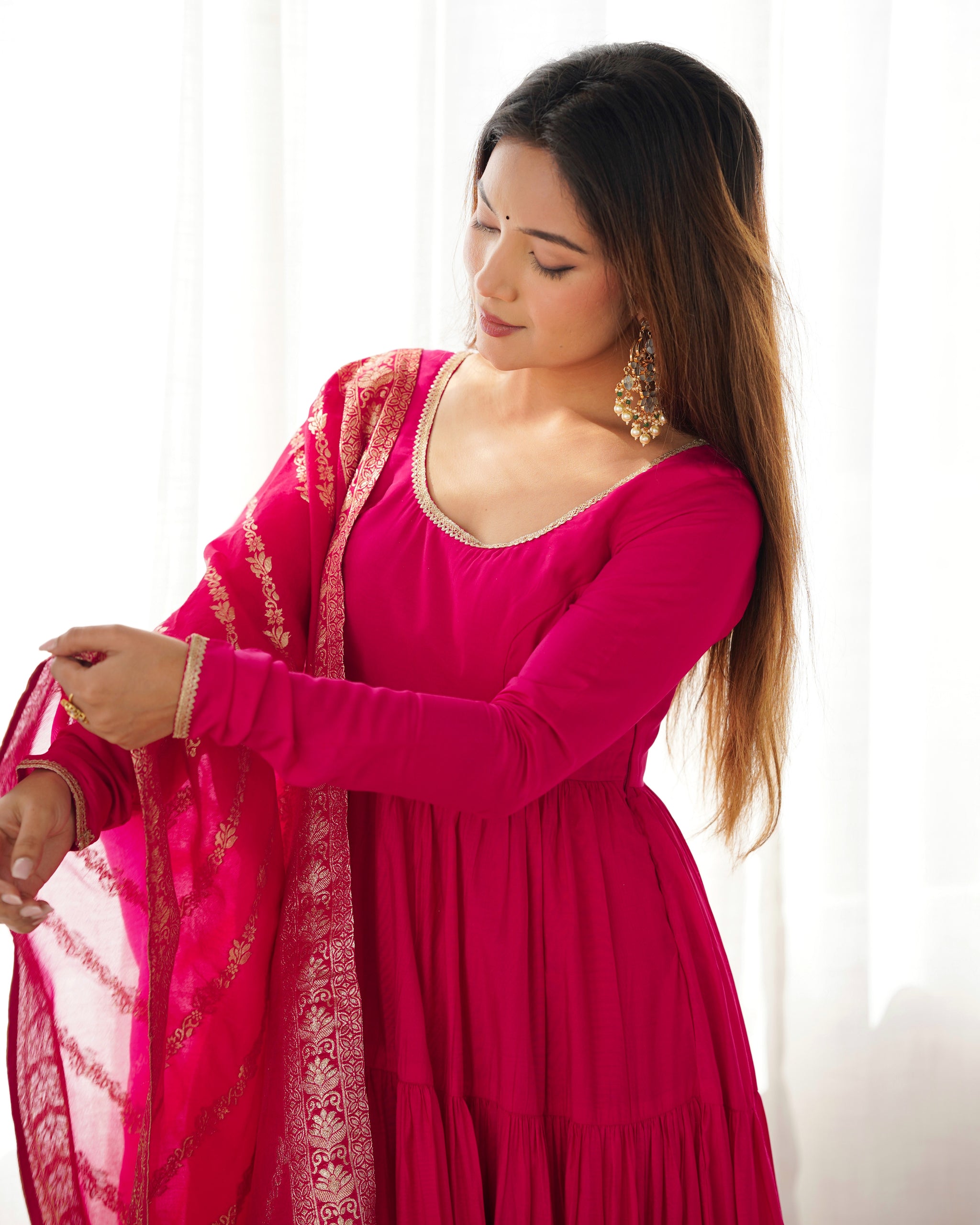 Rani Pink Color Pure Roman Silk Ruffle Style Anarkali Suit